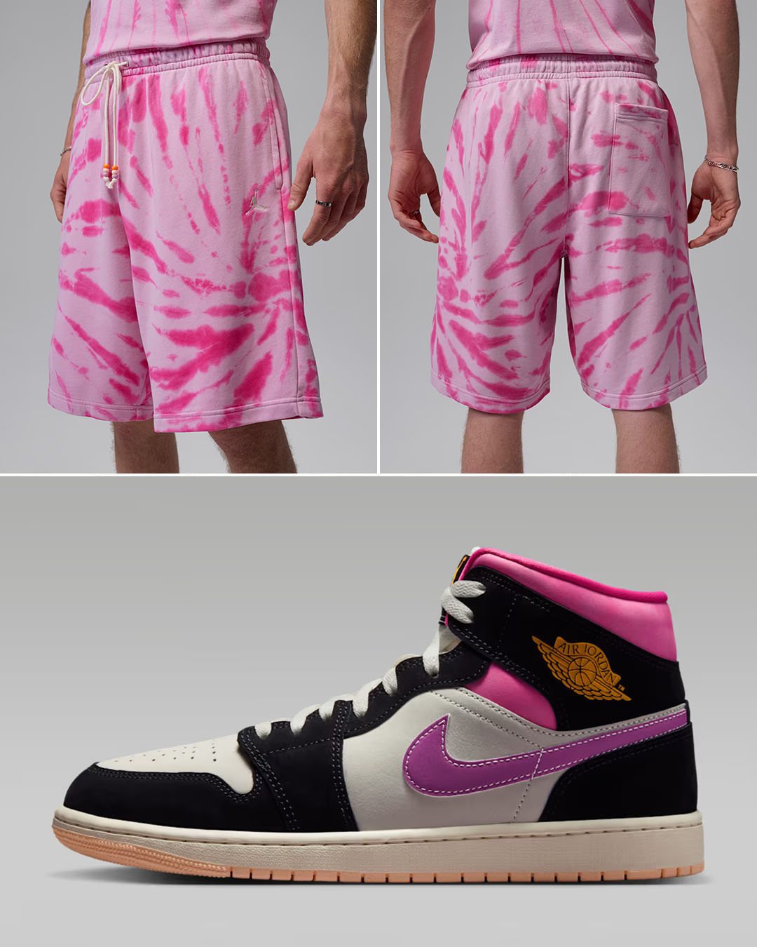 Air Jordan 1 Mid SE World Tour x Jordan Brooklyn Fleece Men’s Tie-Dye Festival Pink Shorts to Match Sneakers
