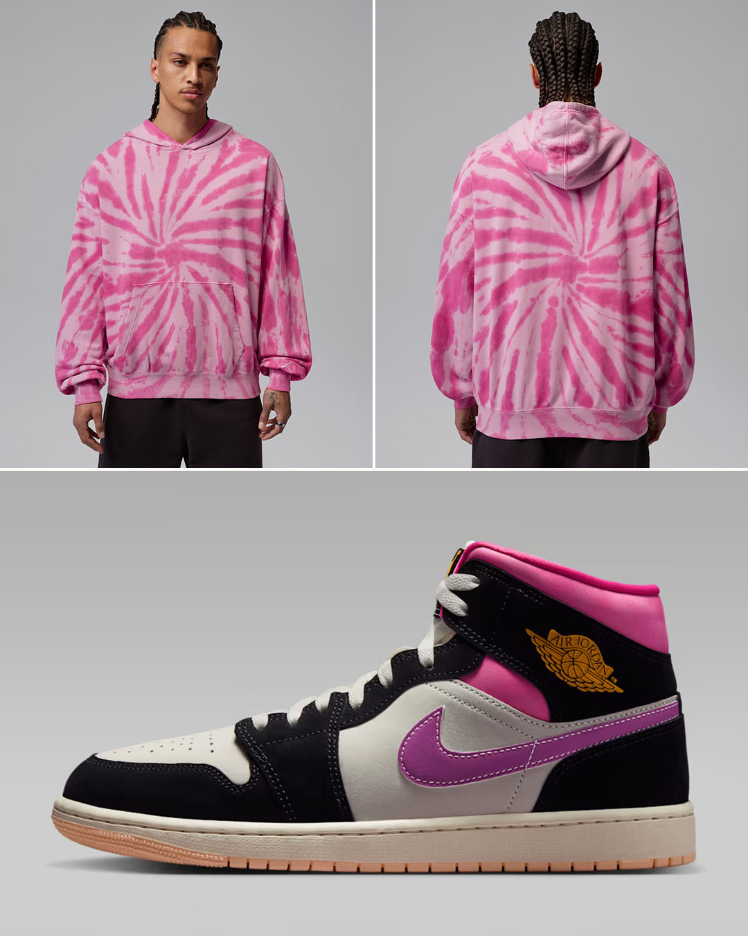 Air Jordan 1 Mid SE World Tour x Jordan Brooklyn Fleece Men’s Tie-Dye Pullover Festival Pink Hoodie to Match Sneakers
