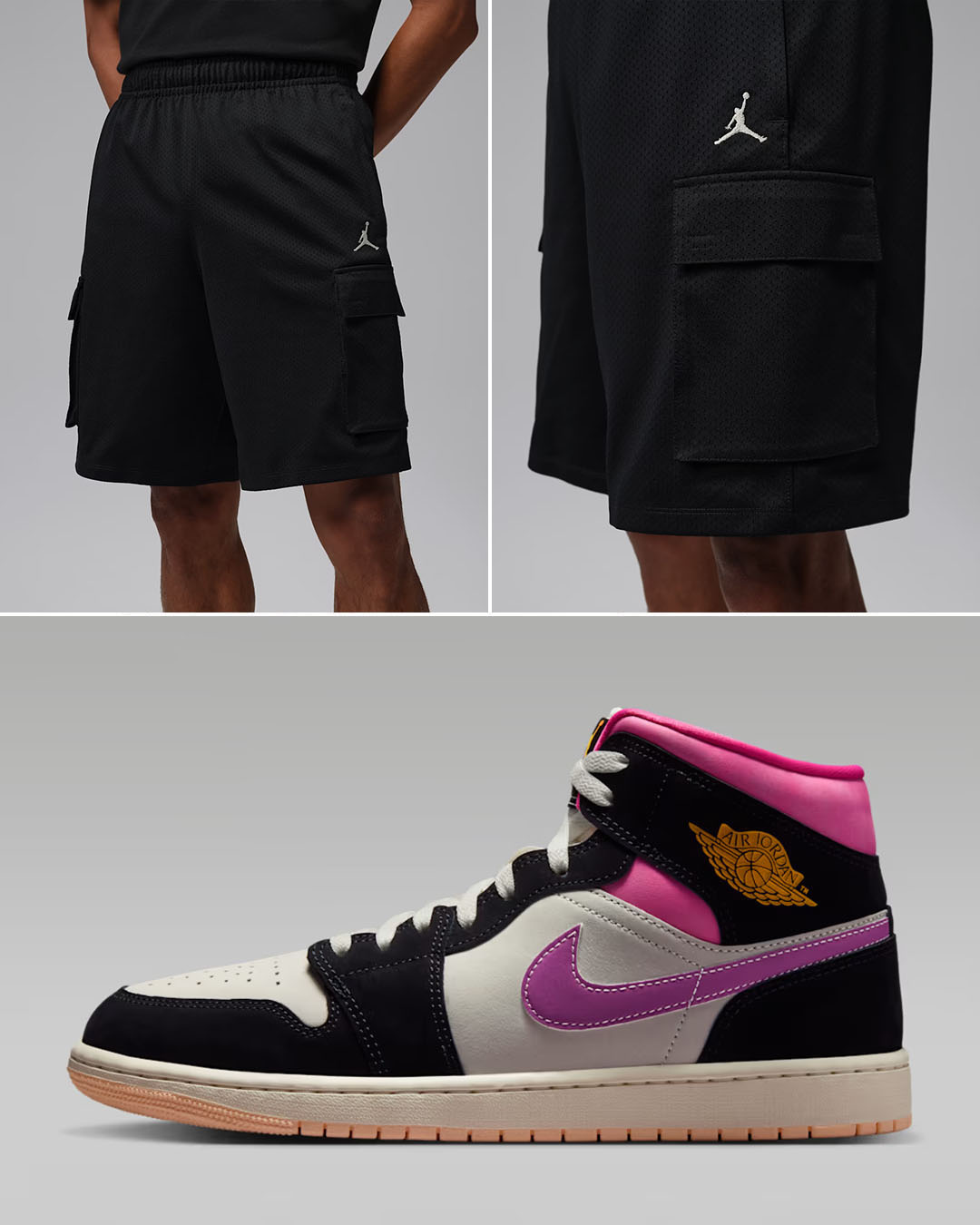 Air Jordan 1 Mid SE World Tour x Jordan Brooklyn Men’s Festival Black Cargo Shorts to Match Sneakers