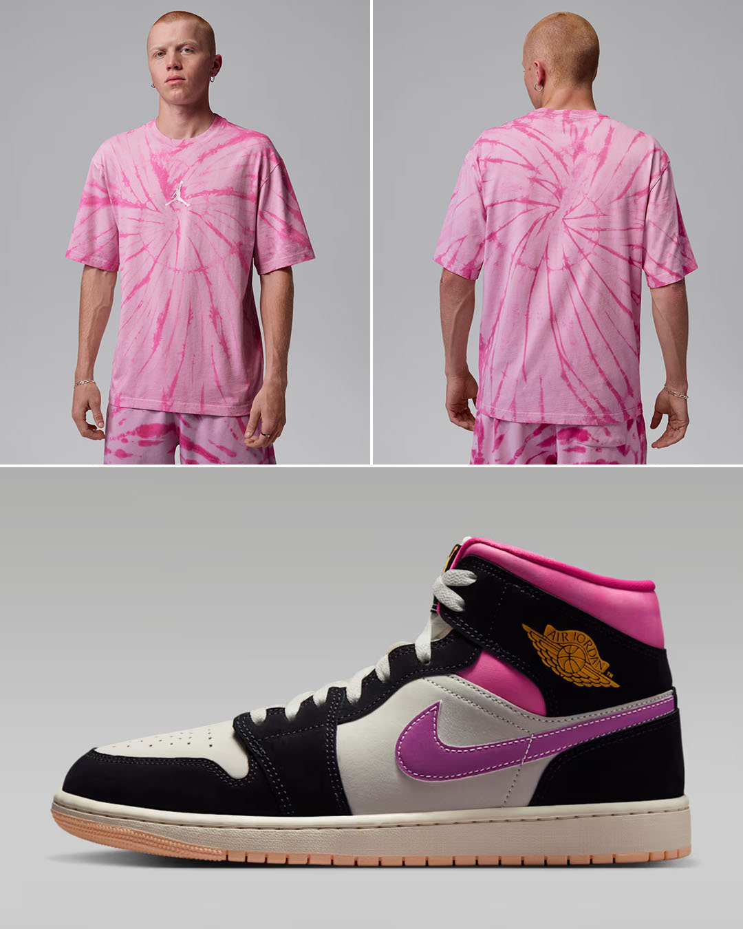 Air Jordan 1 Mid SE World Tour x Jordan Brooklyn Men’s Tie-Dye Festival Pink T-Shirt to Match Sneakers