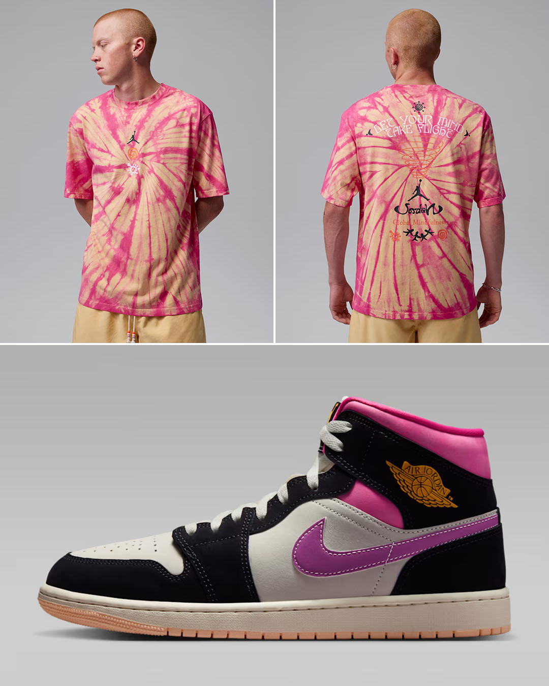Air Jordan 1 Mid SE World Tour x Jordan Brooklyn Tie Dye Festival T-Shirt Lemon Wash Pinksicle to Match Sneakers