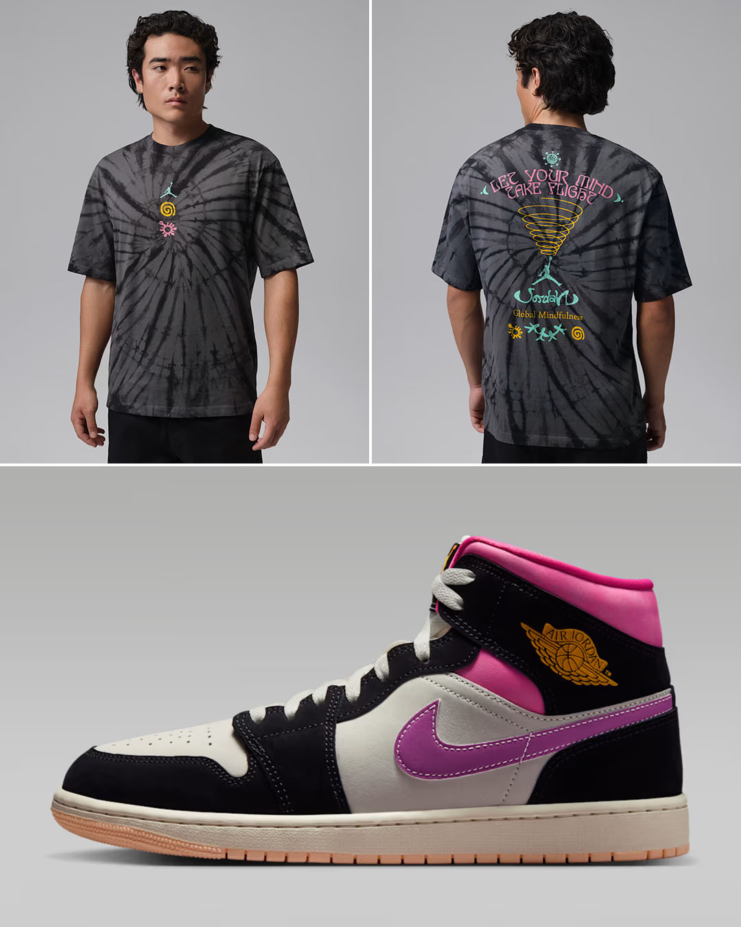Air Jordan 1 Mid SE World Tour x Jordan Brooklyn Tie Dye Men's Festival World Tour Black T-Shirt to Match Sneakers