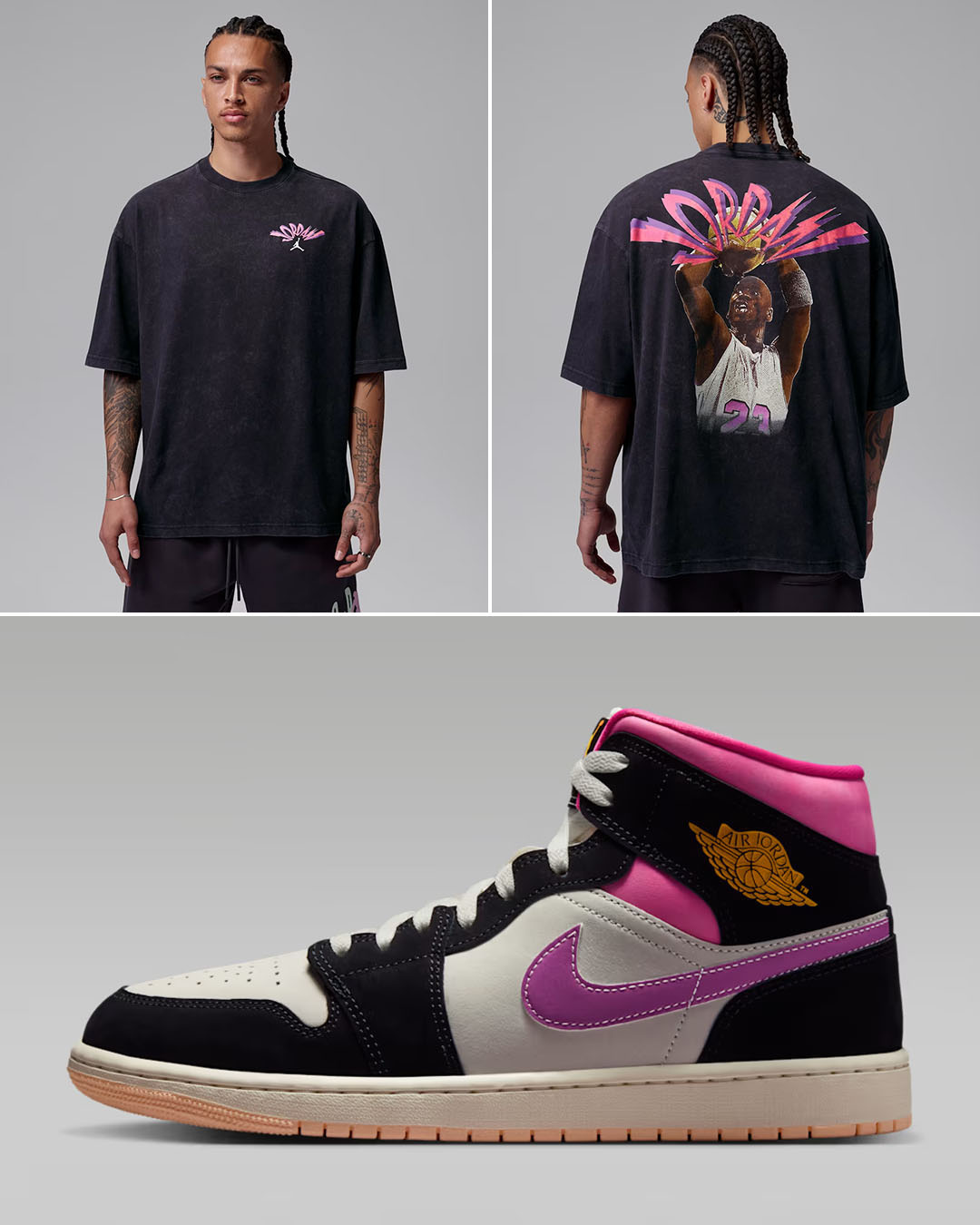 Air Jordan 1 Mid SE World Tour x Jordan Flight Men's Black Pink T-Shirt to Match Sneakers