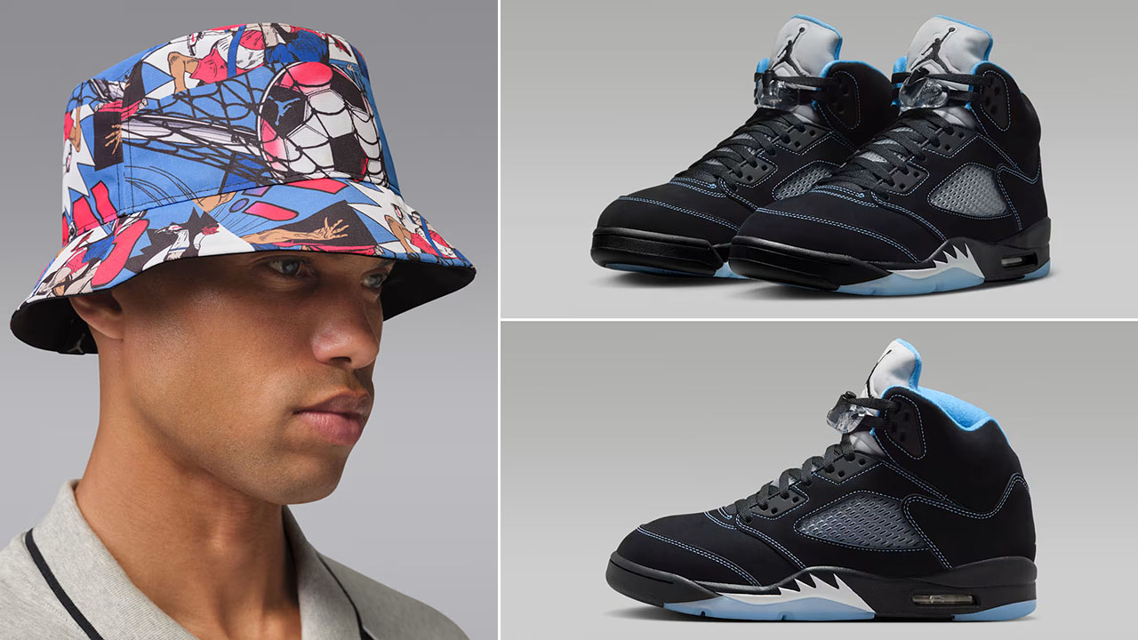 Air Jordan 5 Black UNC University Blue 2026 x Jordan Apex Reversible Bucket Hat to Match