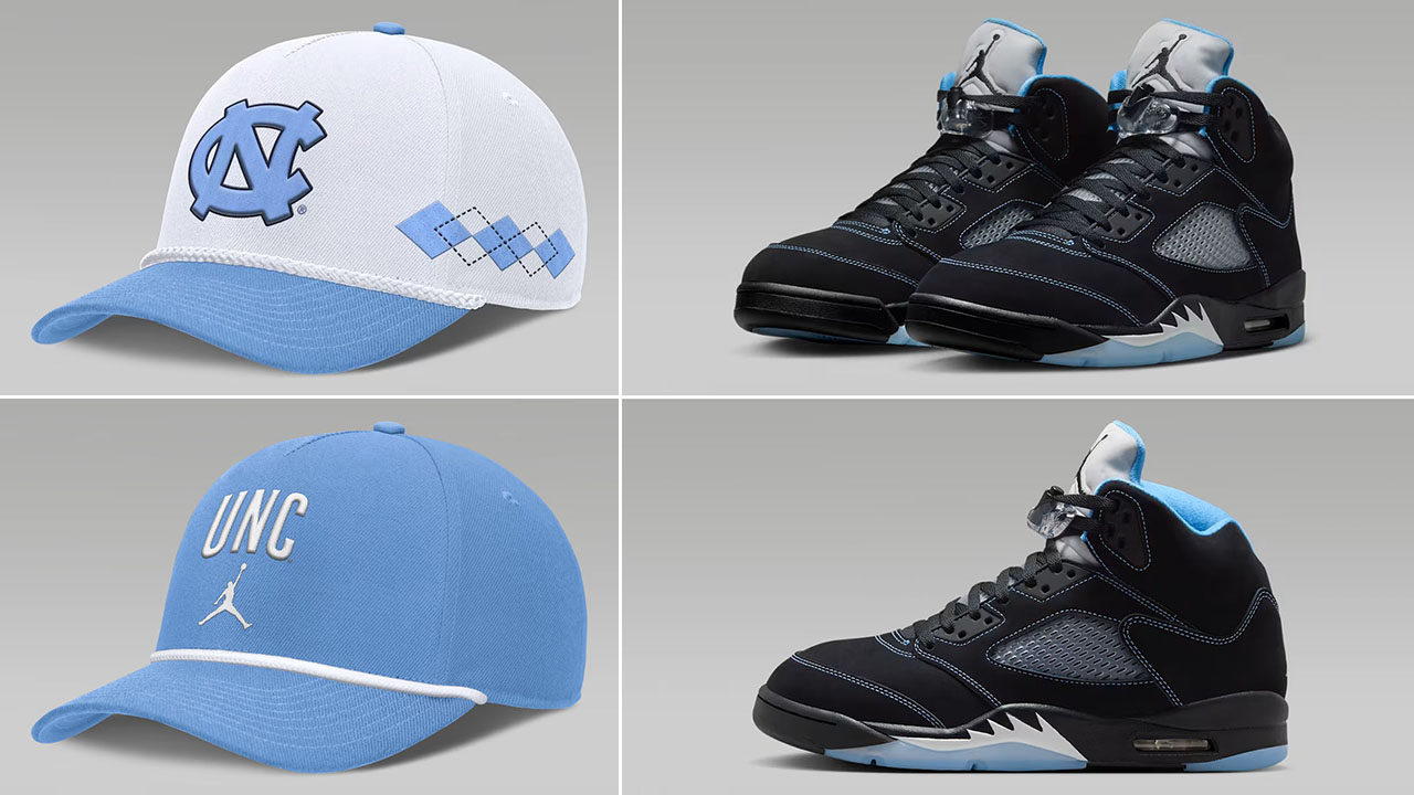 Air Jordan 5 Black UNC University Blue 2026 x Jordan Brand UNC Tar Heels Hats to Match