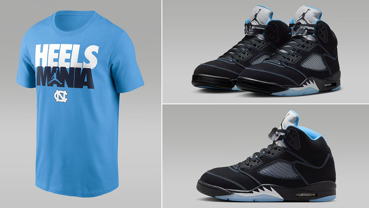 Air Jordan 5 Black UNC University Blue 2026 x Jordan Brand UNC Tar Heels T-Shirt to Match