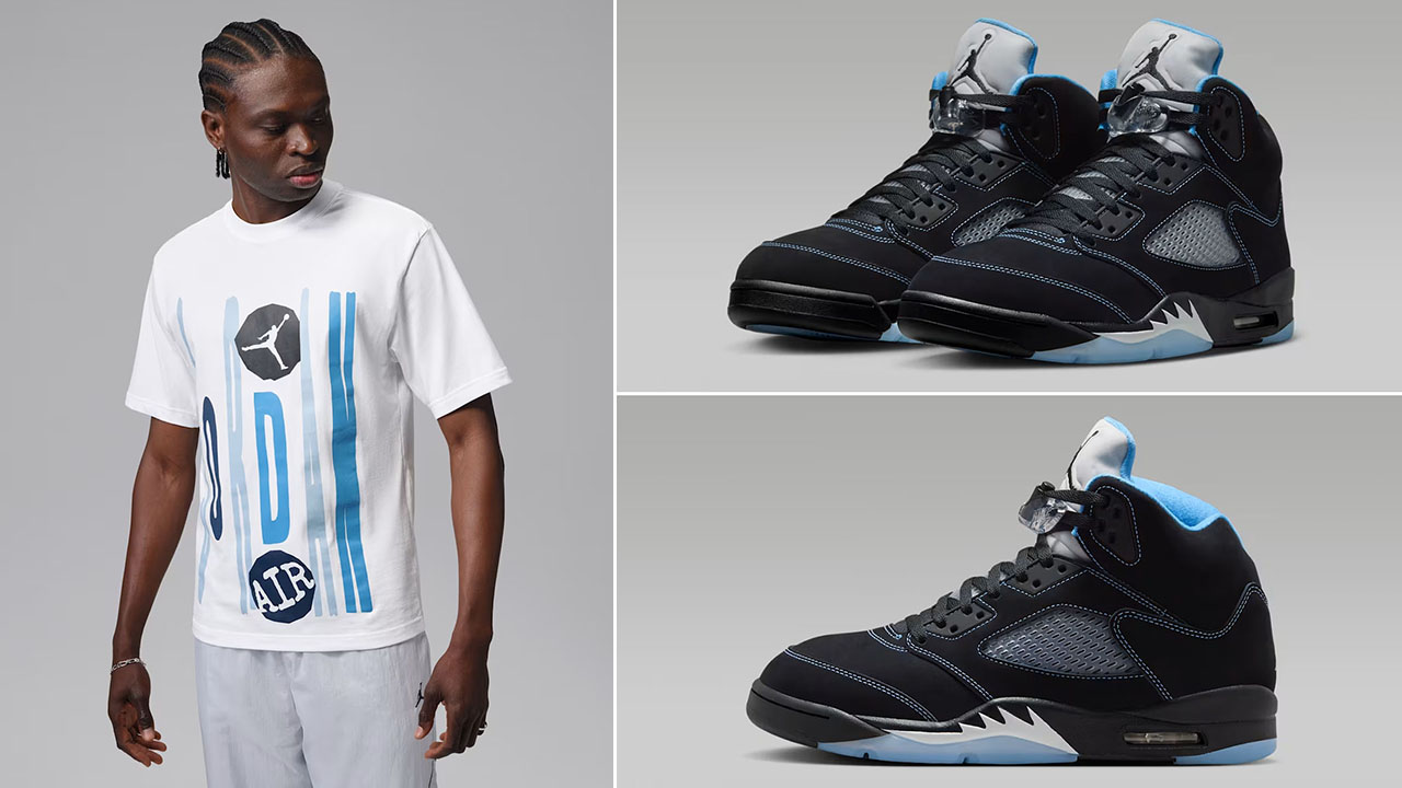 Air Jordan 5 Black UNC University Blue 2026 x Jordan Men’s White Graphic T-Shirt to Match