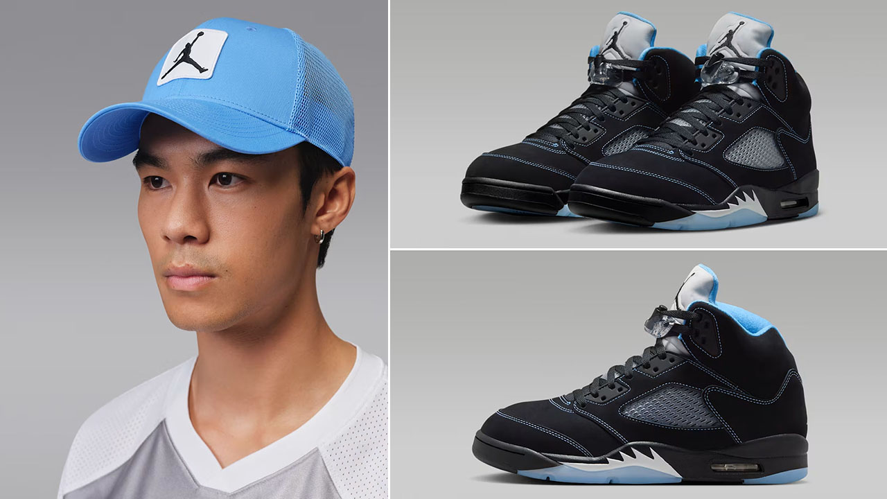 Air Jordan 5 Black UNC University Blue 2026 x Jordan Rise Structured Snapback Hat to Match