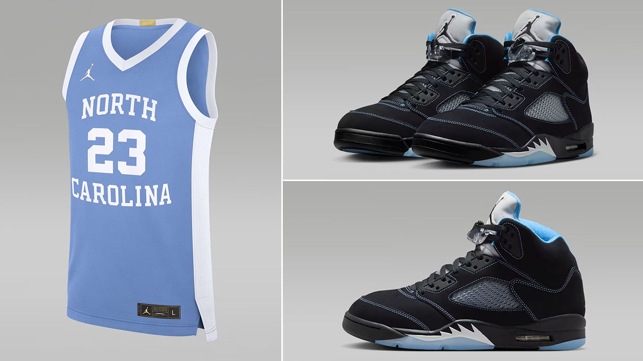 Air Jordan 5 Black UNC University Blue 2026 x Michael Jordan UNC Tar Heels Basketball Jersey to Match
