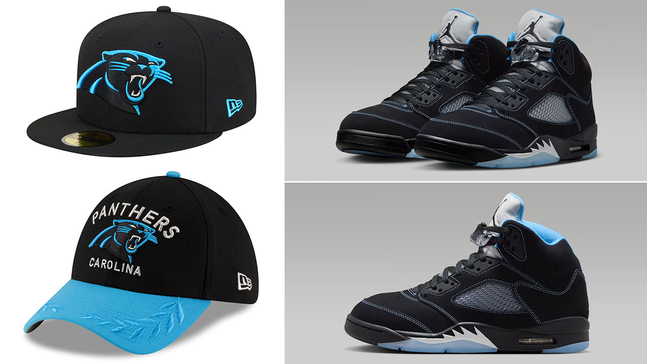 Air Jordan 5 Black UNC University Blue 2026 x New Era Carolina Panthers Hats to Match Sneakers