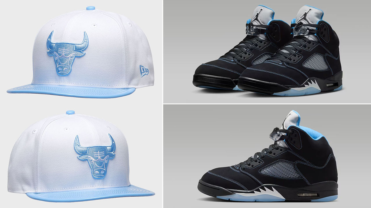 Air Jordan 5 Black UNC University Blue 2026 x New Era Chicago Bulls Snapback Hat to Match