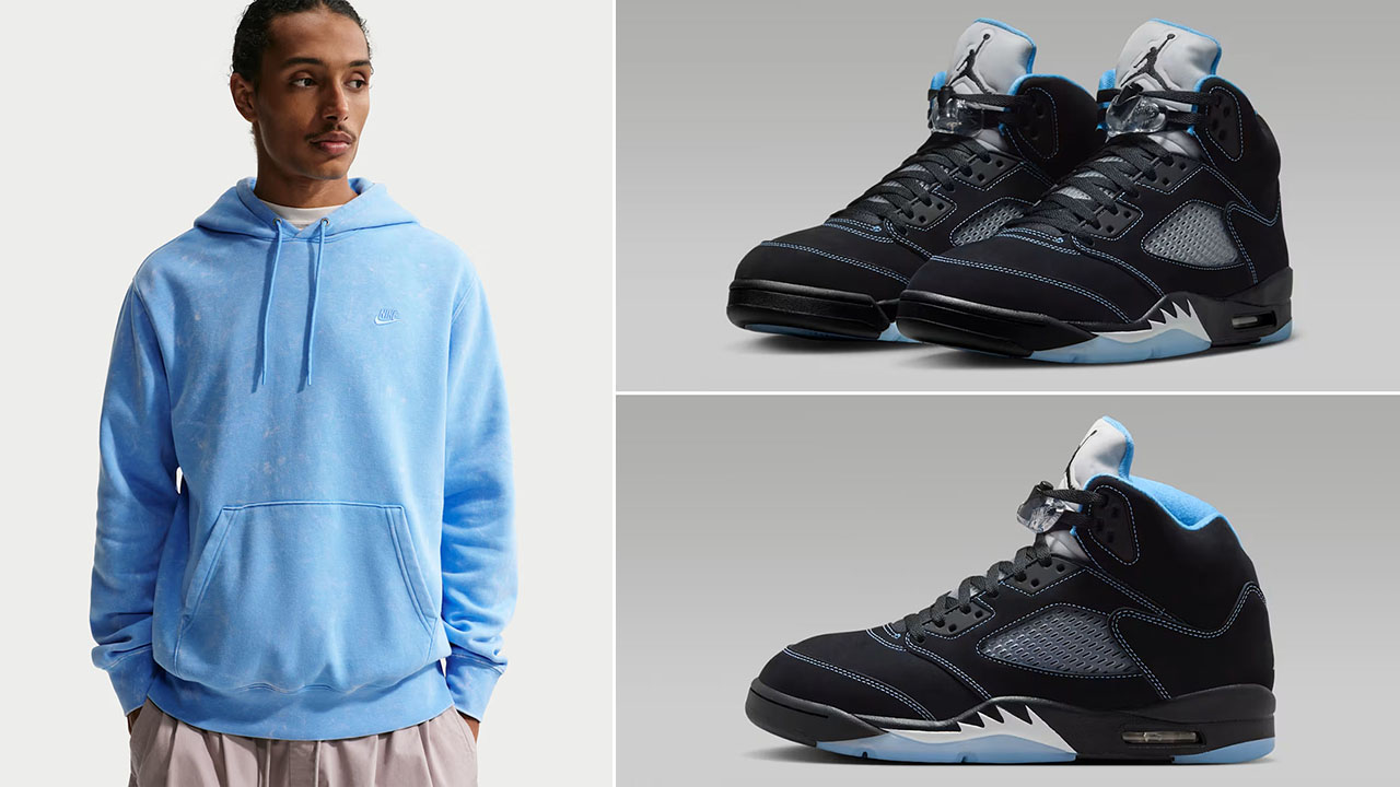 Air Jordan 5 Black UNC University Blue 2026 x Nike Club Fleece Washed Men’s Pullover Hoodie to Match