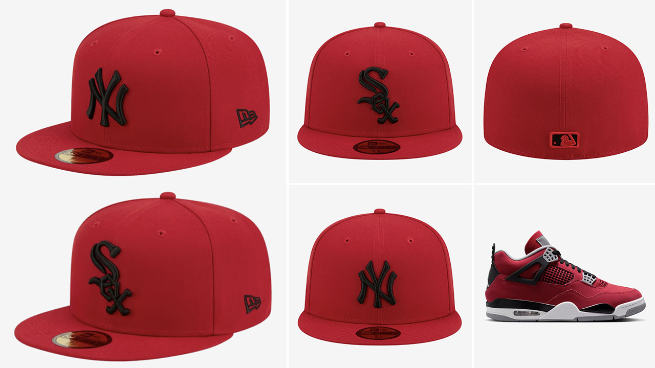 New Era Scarlet Red and Black 59FIFTY fitted hats including New York Yankees and Chicago White Sox styles with the Air Jordan 4 Toro Bravo 2026 sneaker