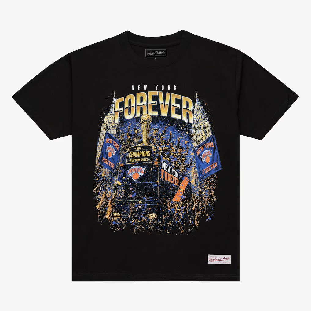 Black New York Knicks Mitchell & Ness 2026 NBA Finals Champions Parade T-Shirt featuring New York Forever championship artwork