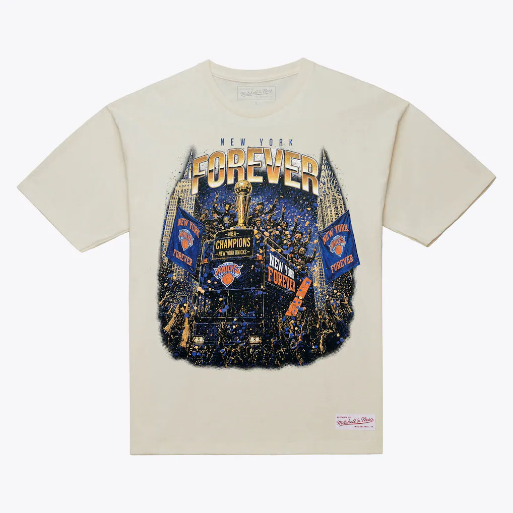 Cream New York Knicks Mitchell & Ness 2026 NBA Finals Champions Parade T-Shirt featuring New York Forever championship artwork