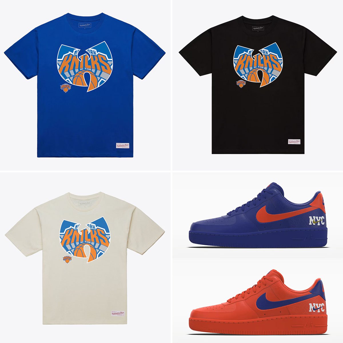 Nike Air Force 1 Low By NYC sneakers paired with New York Knicks x Wu-Tang Mitchell and Ness logo T-Shirts in blue, black and cream colorways