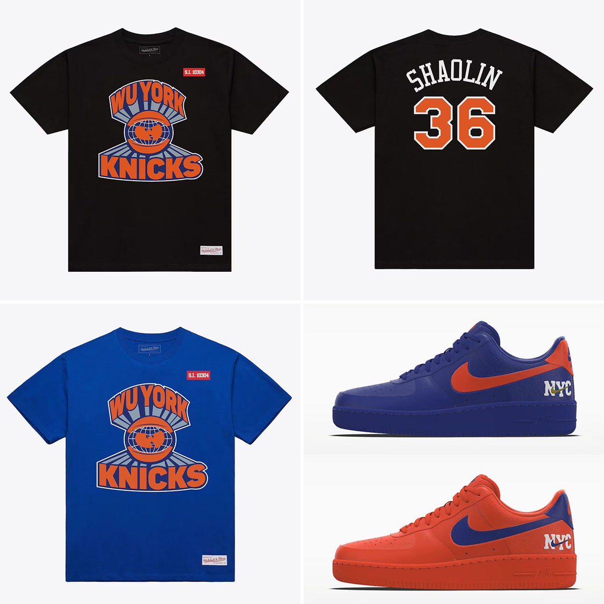Nike Air Force 1 Low By NYC sneakers paired with New York Knicks x Wu-Tang Mitchell and Ness Wu York T-Shirts in blue and black
