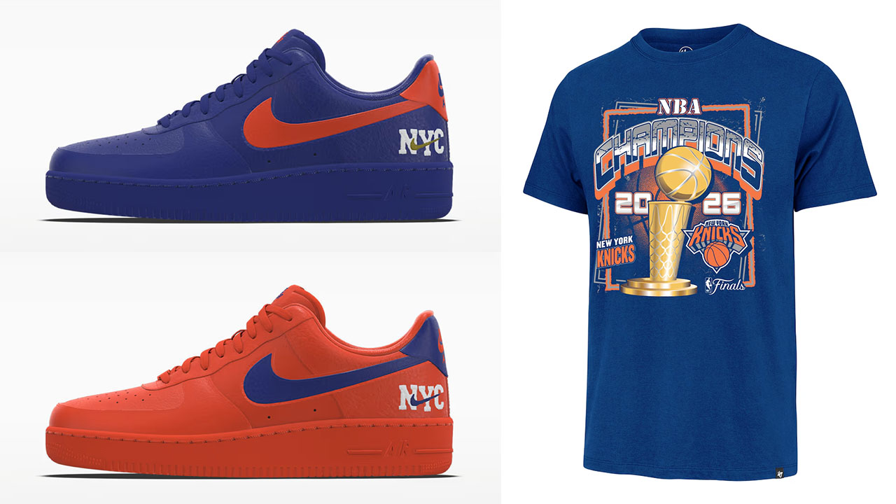 Nike Air Force 1 Low By NYC sneakers paired with a New York Knicks 2026 NBA Finals Champions t-shirt in matching blue and orange colors