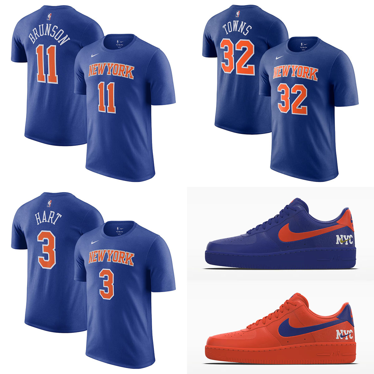 Nike Air Force 1 Low By NYC sneakers with New York Knicks Jalen Brunson, Karl-Anthony Towns and Josh Hart player t-shirts