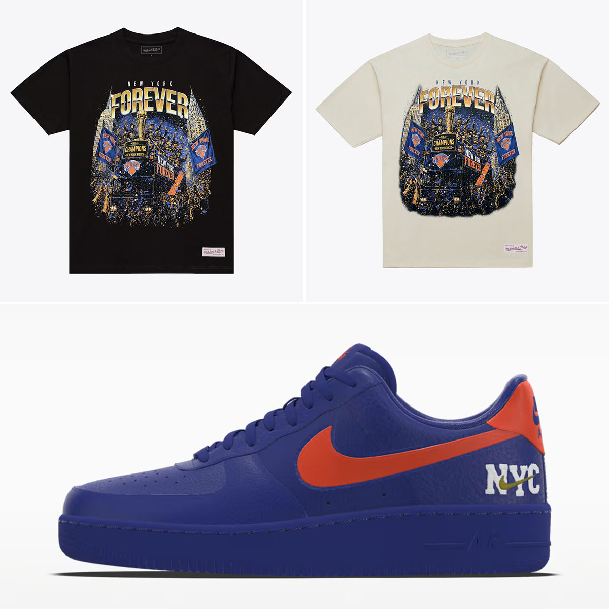 Nike Air Force 1 Low By NYC sneakers paired with New York Knicks Mitchell and Ness 2026 NBA Finals Champions Parade T-Shirts in black and cream