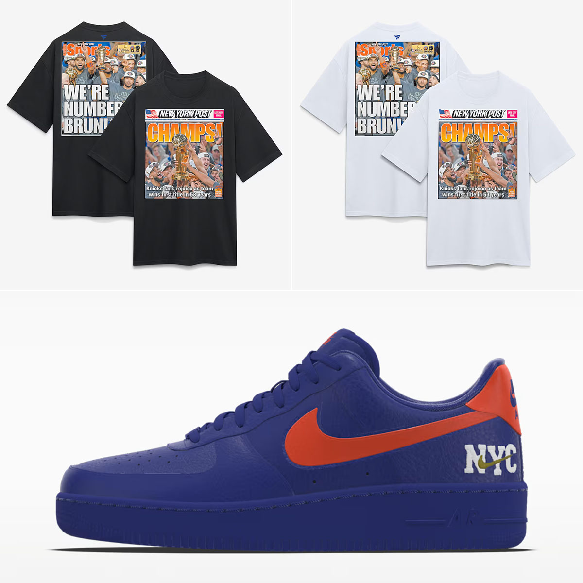 Nike Air Force 1 Low By NYC x New York Knicks x New York Post Fanatics 2026 NBA Finals Champions Newspaper Cover Heavyweight T-Shirt to Match
