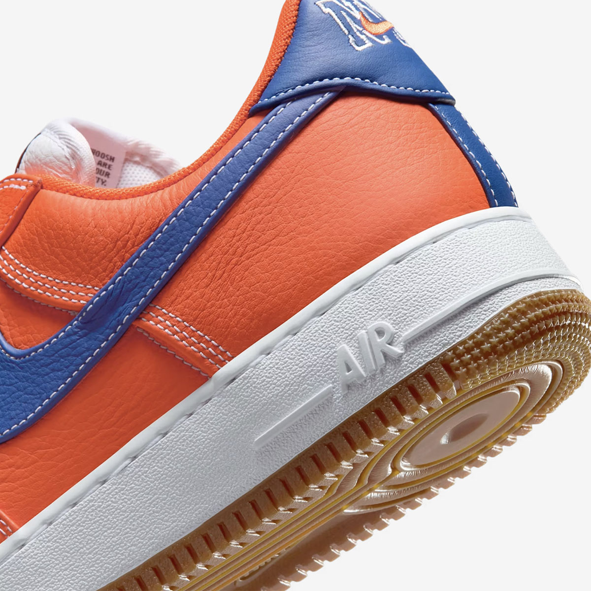 Nike Air Force 1 Low Knicks Orange Blue Midsole Heel Close Up View Official Image