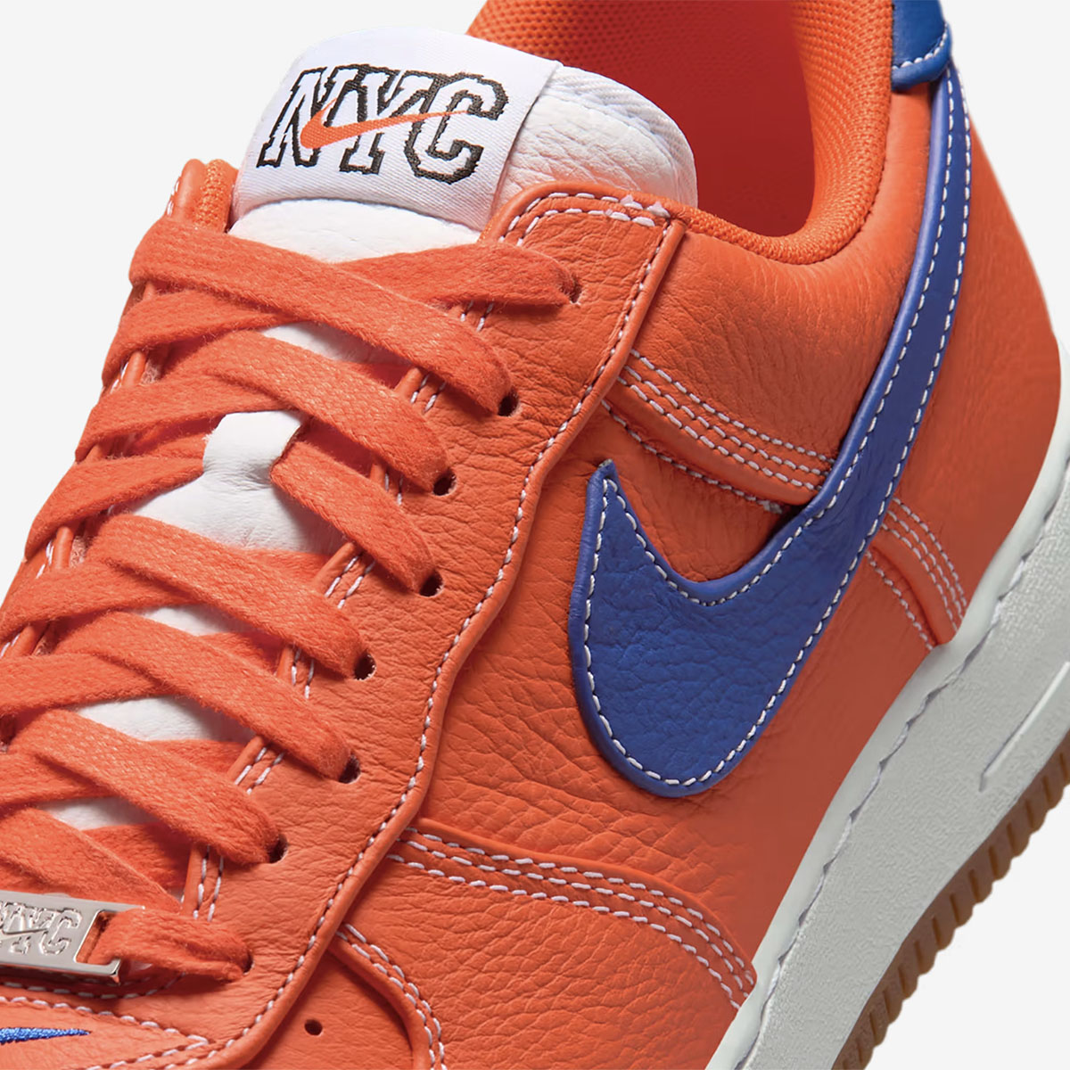 Nike Air Force 1 Low Knicks Orange Blue Top Laces Close Up View Official Image