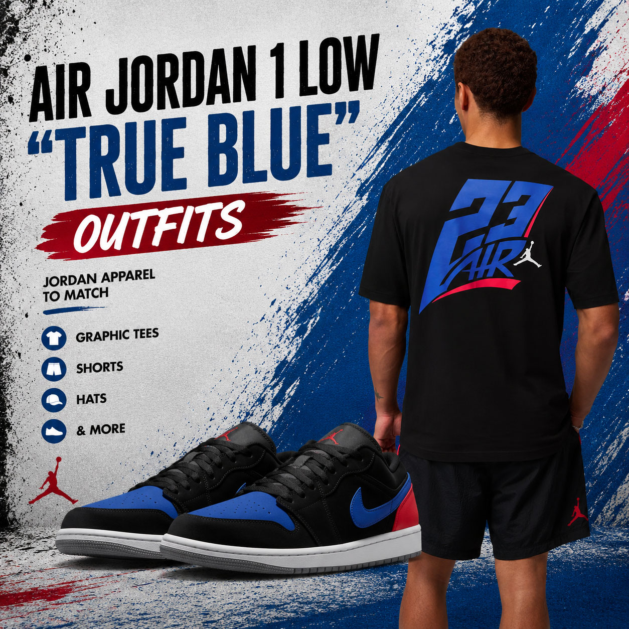 Air Jordan 1 Low “True Blue” sneakers with Jordan Air 23 black graphic T-shirt outfit inspiration