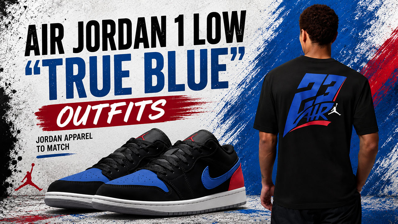 Air Jordan 1 Low “True Blue” sneakers with matching Jordan apparel including a black Jordan graphic T-shirt