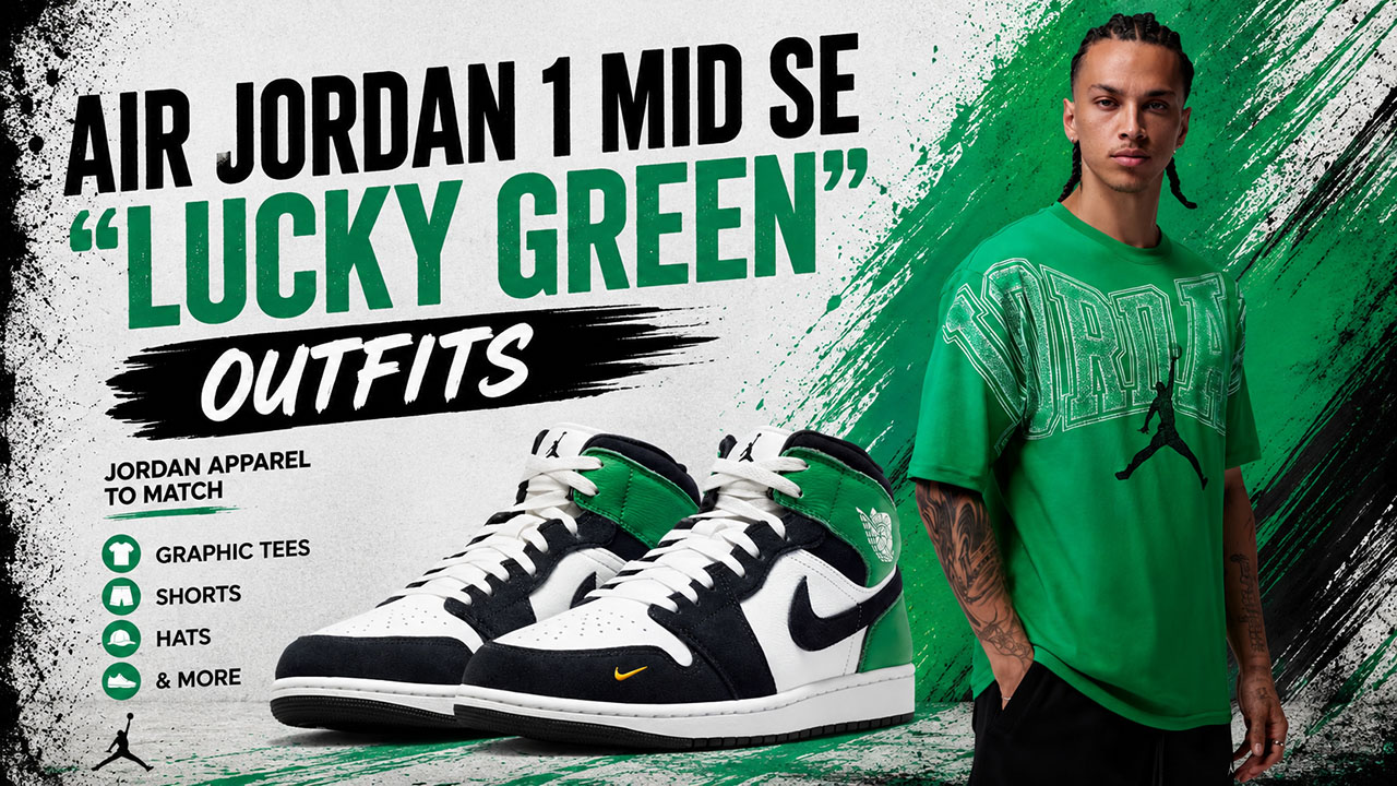 Air Jordan 1 Mid SE “Lucky Green” sneakers with matching green Jordan apparel outfit inspiration