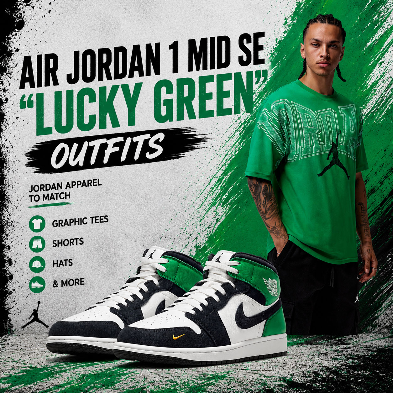 Air Jordan 1 Mid SE “Lucky Green” sneakers with matching green Jordan graphic T-shirt outfit inspiration