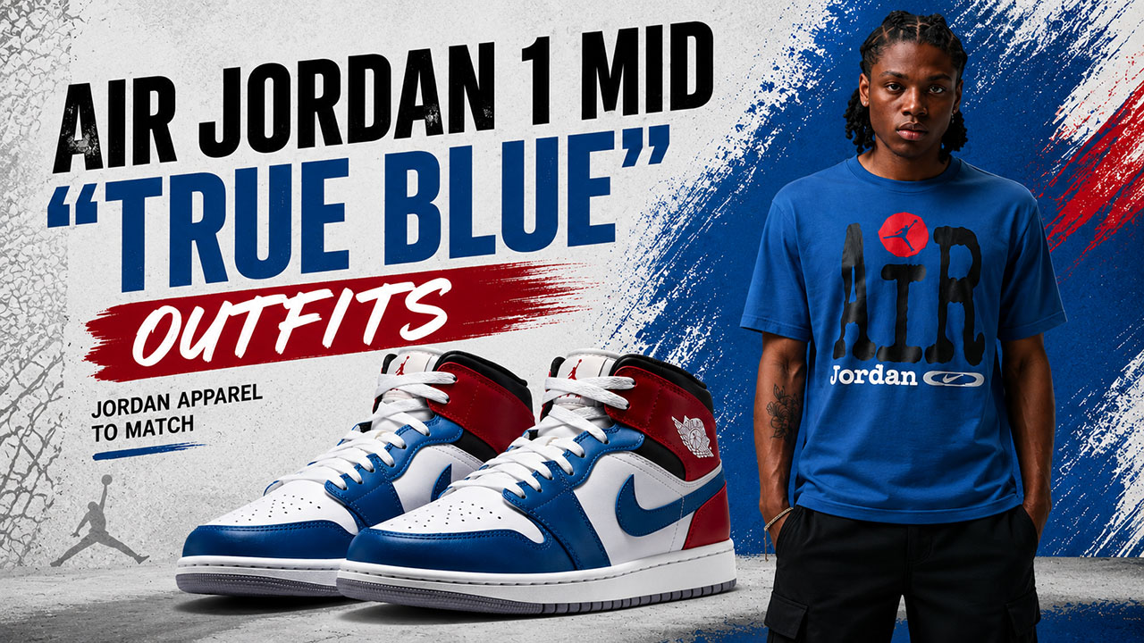Air Jordan 1 Mid “True Blue” sneakers with matching Jordan True Blue apparel including a graphic T-shirt