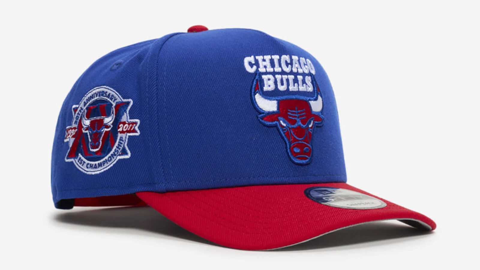 Chicago Bulls New Era 9FIFTY A-Frame snapback hat in royal blue with a red visor and embroidered Bulls logo to match the Air Jordan 3 "True Blue" (2026).