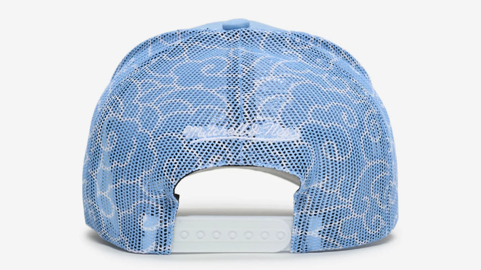A back view of the Chicago White Sox Mitchell & Ness Trucker Clouds Snapback Hat in Carolina Blue and white to match the Air Jordan 5 Black Carolina 2026 sneakers.