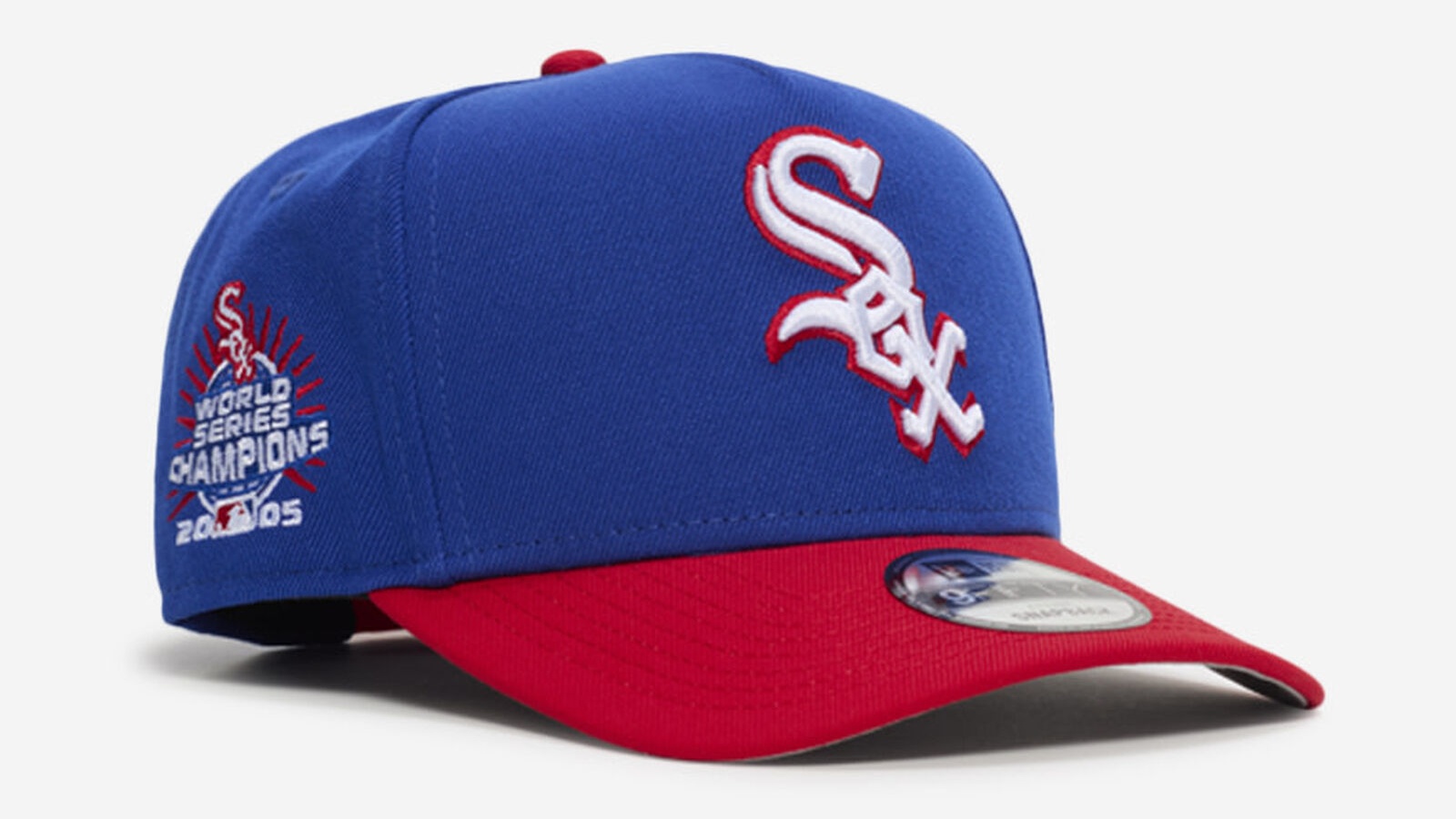Chicago White Sox New Era 9FIFTY A-Frame snapback hat in royal blue with a red visor and white Sox logo to match the Air Jordan 3 "True Blue" (2026).