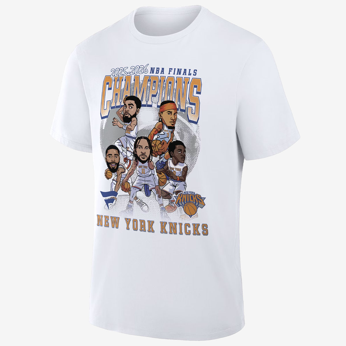 Fanatics New York Knicks Champions Caricature Roster T-Shirt featuring illustrated Knicks players and championship graphics.
