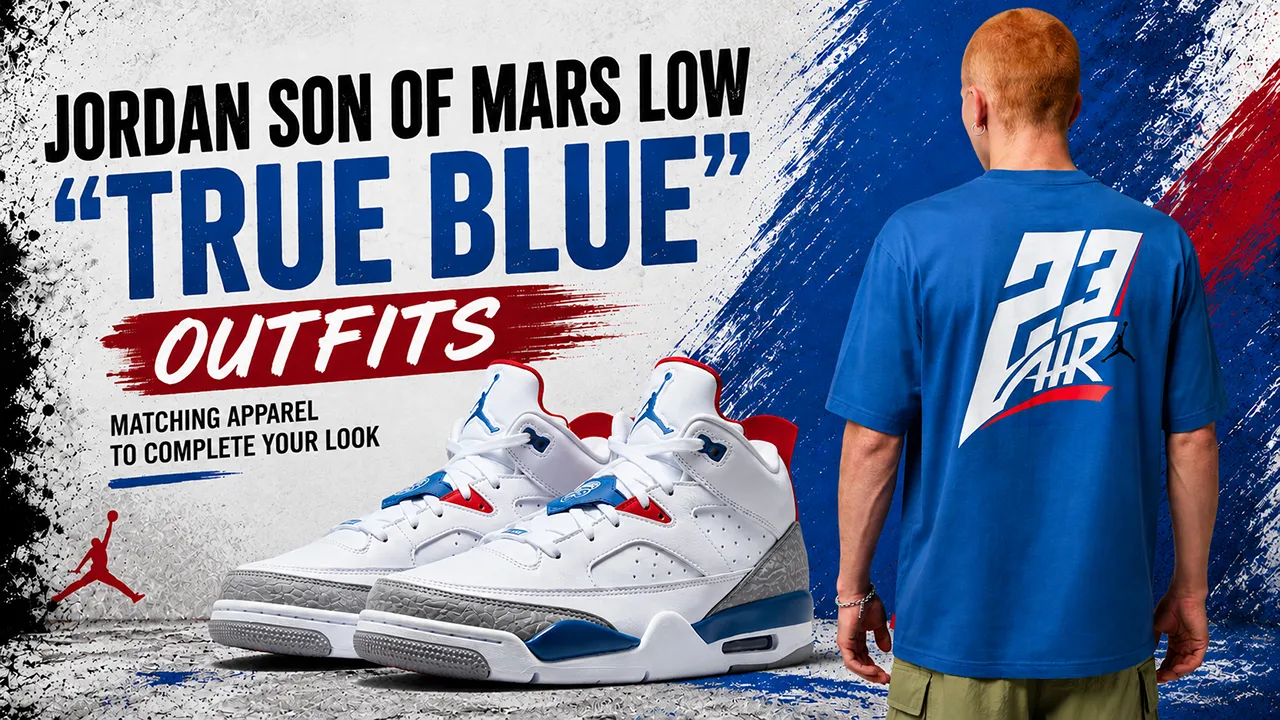 Jordan Son of Mars Low "True Blue" sneakers with matching blue Jordan apparel featured in a SneakerFits outfit guide.