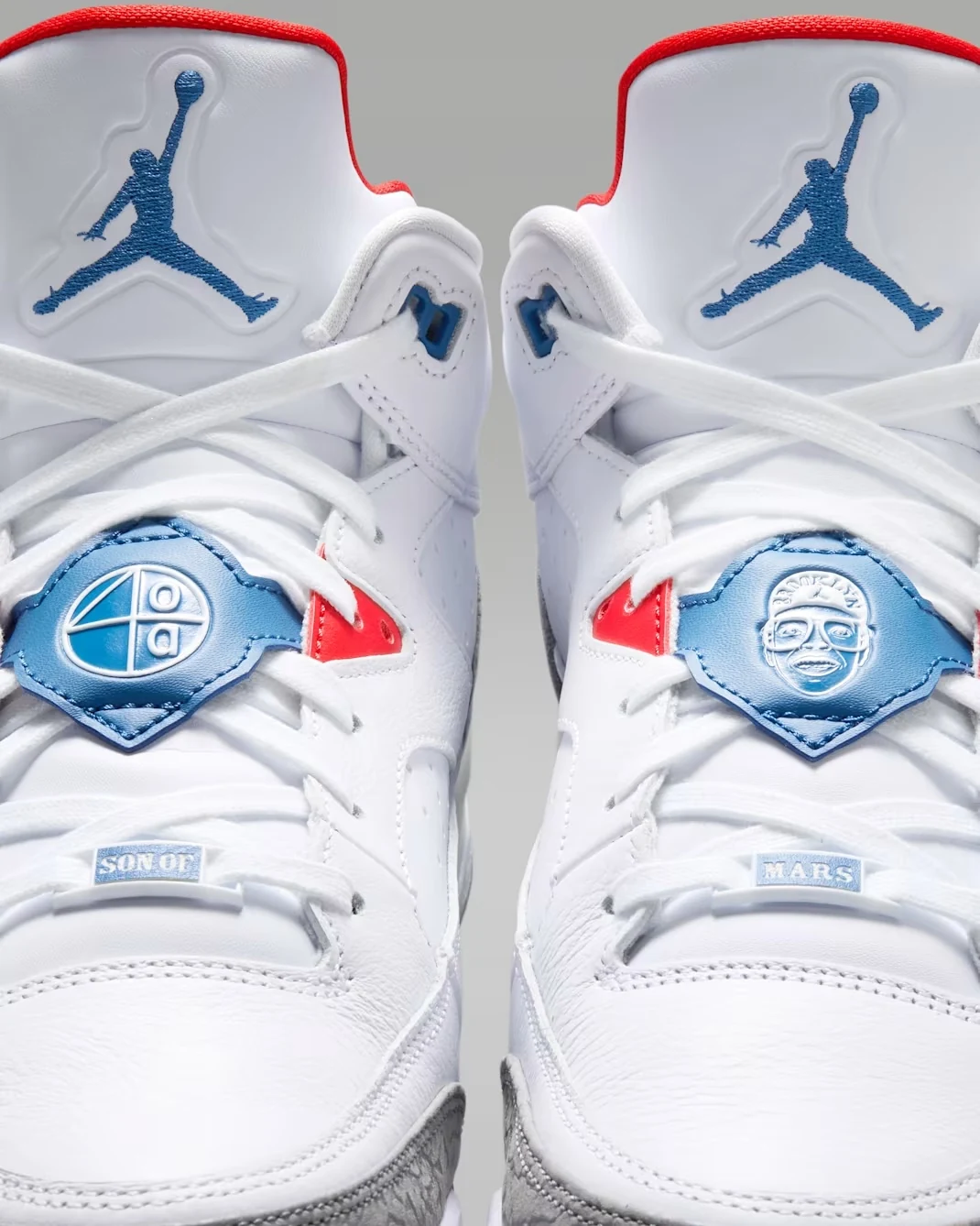Close-up of the front of the Jordan Son of Mars Low "True Blue" showing the Jumpman logo, lace system and Spike Lee branding.