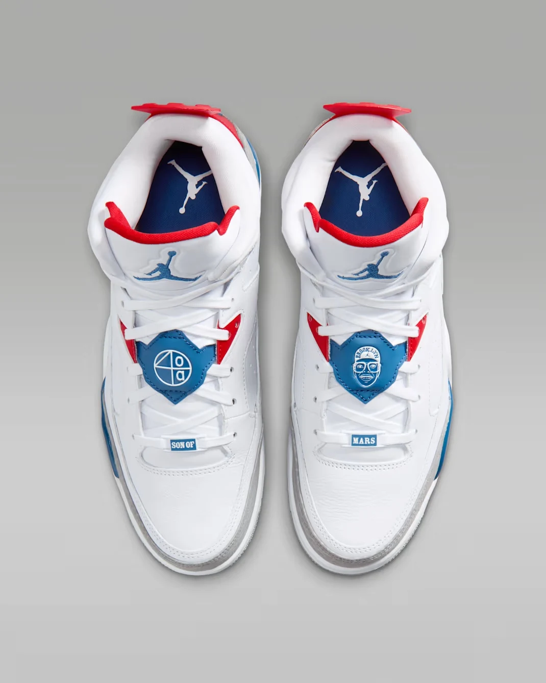 Top view of the Jordan Son of Mars Low "True Blue" featuring Spike Lee lace shrouds and Jumpman branding.