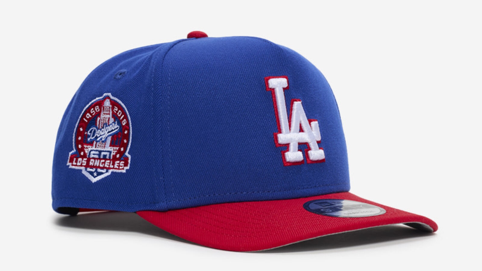 Los Angeles Dodgers New Era 9FIFTY A-Frame snapback hat in royal blue with a red visor and white LA logo to match the Air Jordan 3 "True Blue" (2026).