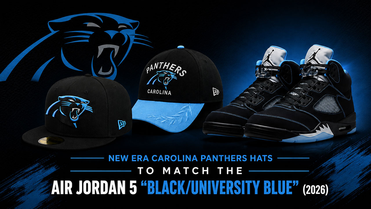 New Era Carolina Panthers fitted hats styled with the Air Jordan 5 Black University Blue (2026) sneakers on a black and blue SneakerFits graphic.