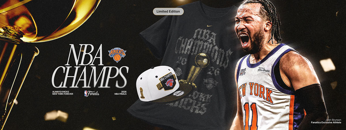 New York Knicks 2026 NBA Finals Champions collection featuring championship t-shirt, hat, trophy graphic and Jalen Brunson