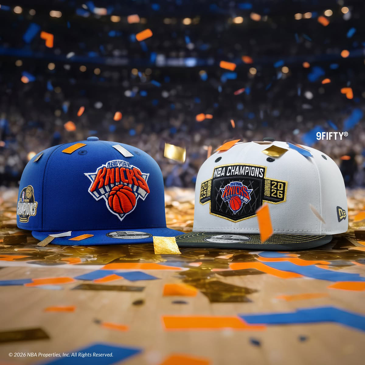 New York Knicks 2026 NBA Finals Champions New Era hats featuring blue and white commemorative snapback designs