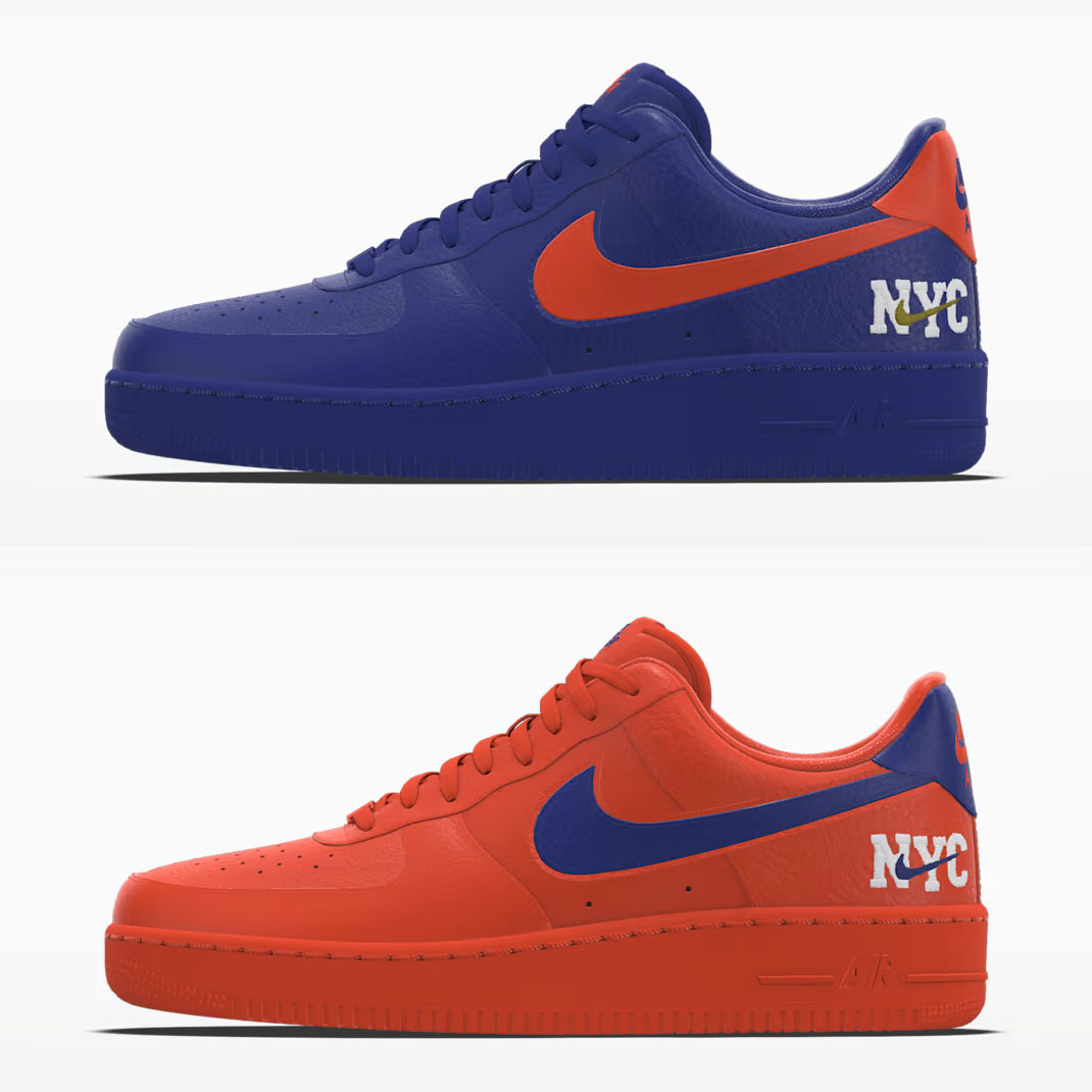 Nike Air Force 1 Low By NYC sneakers in blue and orange Knicks-inspired colorways compared to the Nike Air Force 1 Low "Knicks" Foot Locker release.