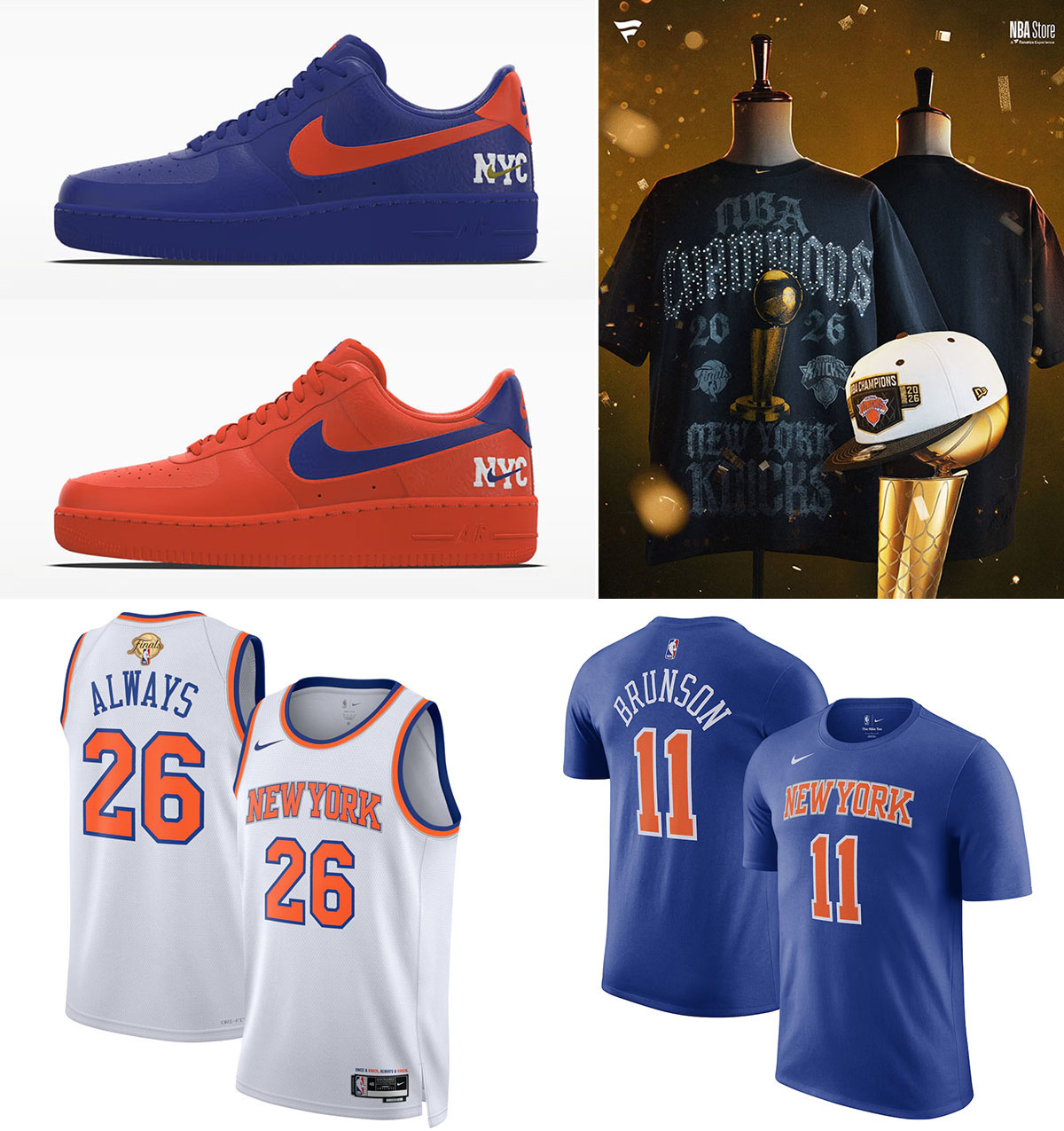 Nike Air Force 1 Low By NYC sneakers with New York Knicks championship apparel, jerseys and Jalen Brunson shirts for additional outfit ideas.