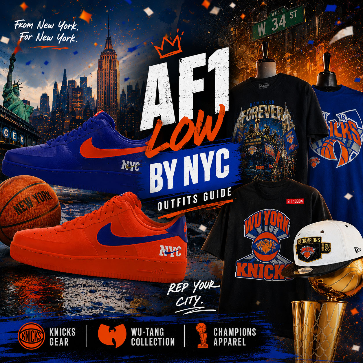 Nike Air Force 1 Low By NYC sneakers with New York Knicks championship apparel, Wu-Tang collaborations and matching New York inspired outfit ideas