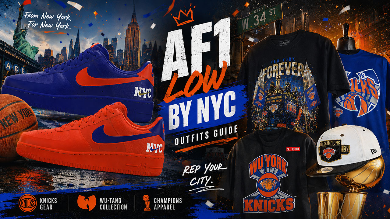 Nike Air Force 1 Low By NYC sneakers with New York Knicks championship apparel, Wu-Tang tees and fan gear in a New York themed SneakerFits outfit guide
