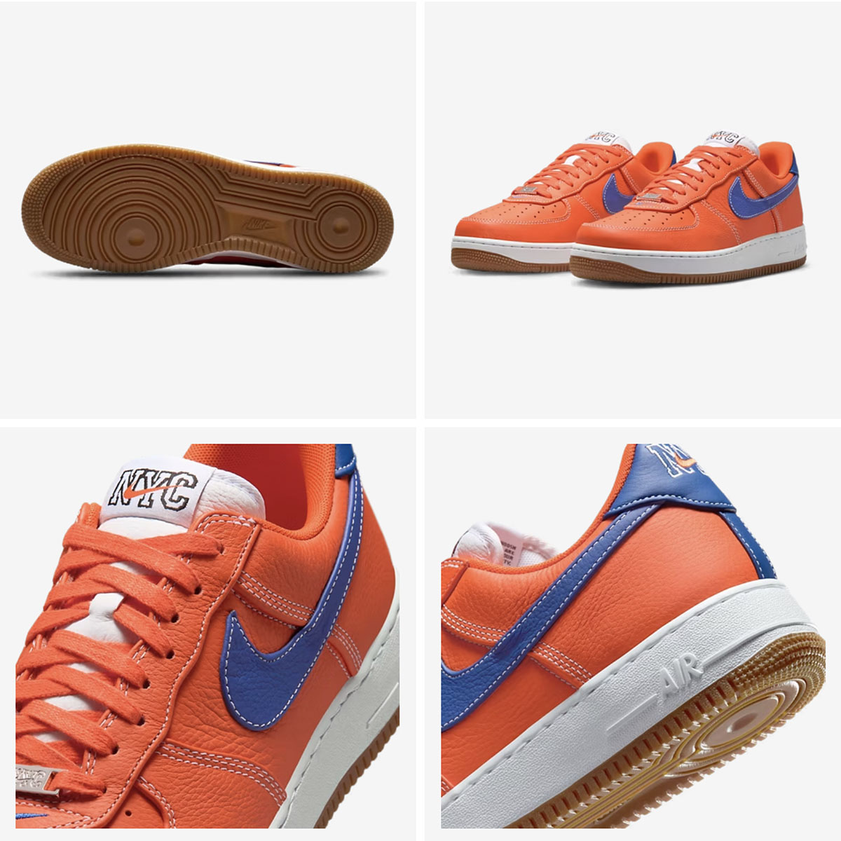 Detailed views of the Nike Air Force 1 Low "Knicks" showing side profiles, heel branding and top-down views.