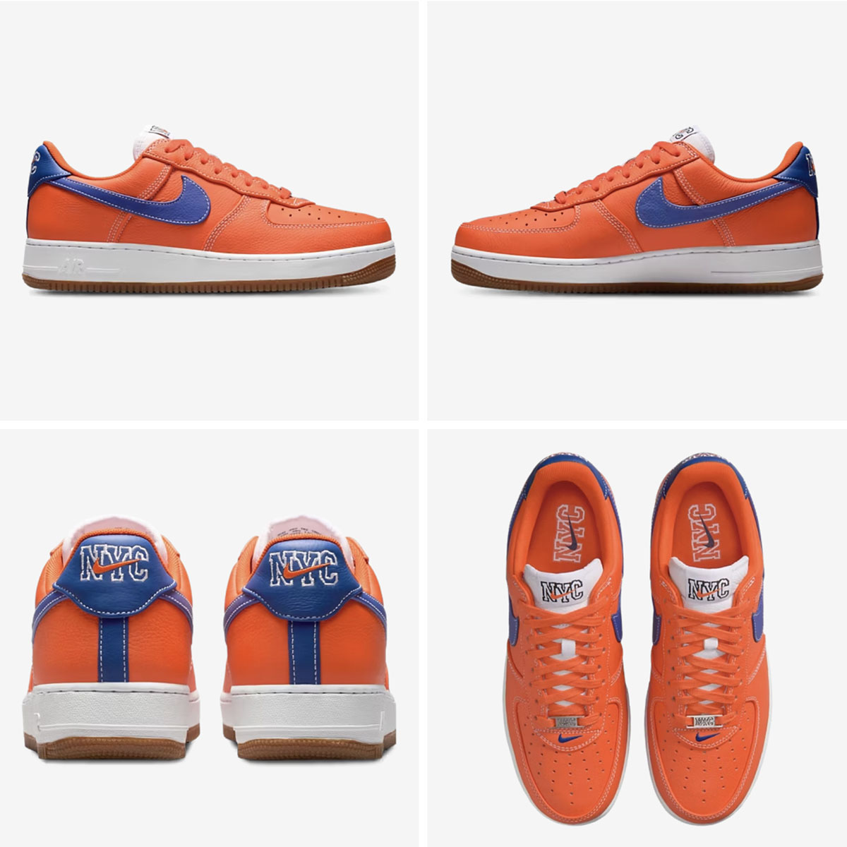 Official images of the Nike Air Force 1 Low "Knicks" featuring orange leather, royal blue Swooshes, NYC branding and gum soles.