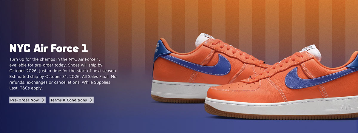 Nike Air Force 1 Low "Knicks" Foot Locker exclusive sneakers available for pre-order ahead of the October 2026 release.